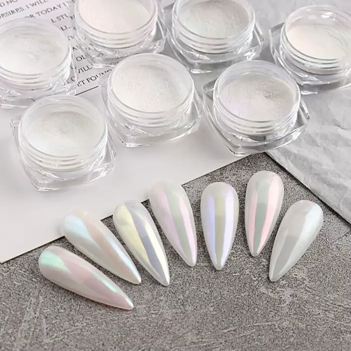 6 couleurs clair de lune perle miroir ongles poudre blanc fines paillettes effet métallique Pigment Gel vernis Chrome