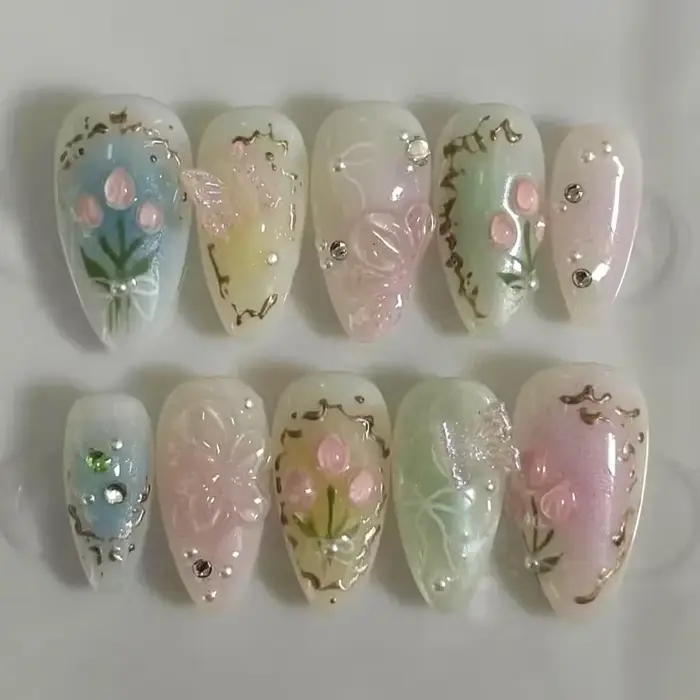 24 pièces flore amande presse sur ongles avec colle Mori fille Nail Art Ballet Style Rural couvertur
