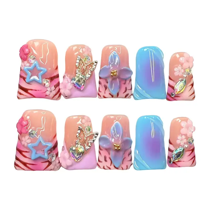 Faux ongles français faits à la main en forme de bec de canard, à pression, imprimé léopard coloré, 
