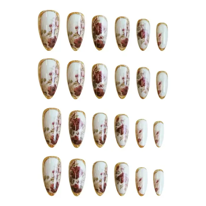 24 pièces ongles à pression avec amande Rose plaquée or Design Floral classique
