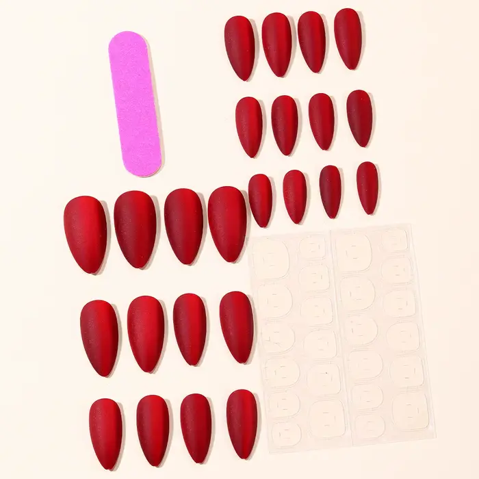 24 pièces/ensemble faux ongles rouge velours pour femmes filles fête du nouvel an moyen amande ballet mat