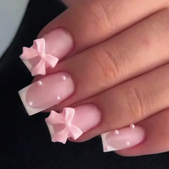 24 pièces ongles de Style presse carrée, conception d'arc de perle de longueur moyenne, faux ongles 