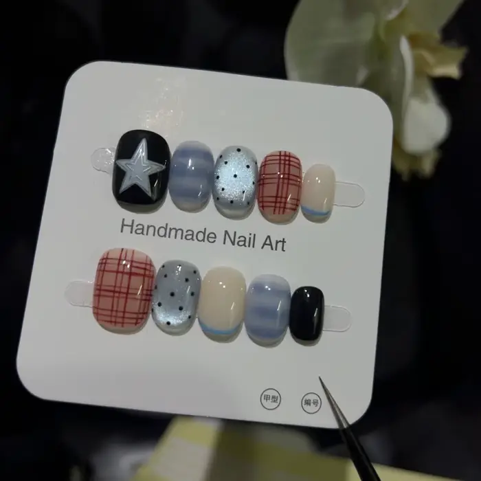 10 pièces bleu Blush court carré rond fait à la main Pres sur les ongles doux coloré dégradé mignon français faux