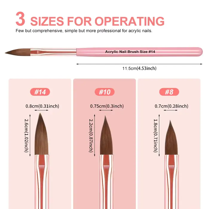 3 pièces 8/10/14 # Kolinsky acrylique brosse à ongles Poly Extension Gel brosse vernis à ongles sc