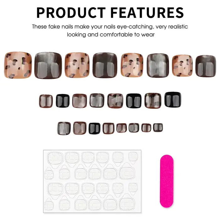 24 pièces imprimé léopard oeil de chat presse sur ongles pour pied brillant marron court tête carrée faux