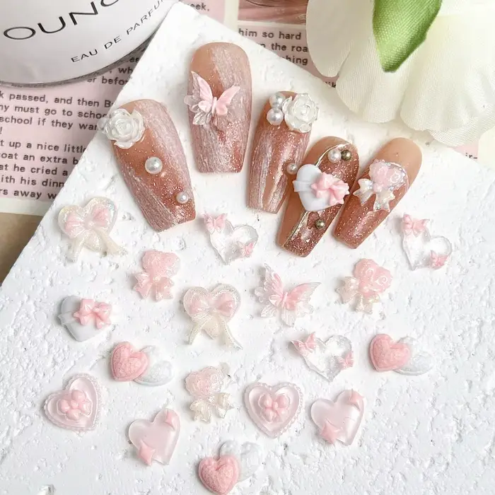 Breloques pour ongles en résine, nouvelle série rose, nœud en forme de cœur, 3D, lumineux, Double pa