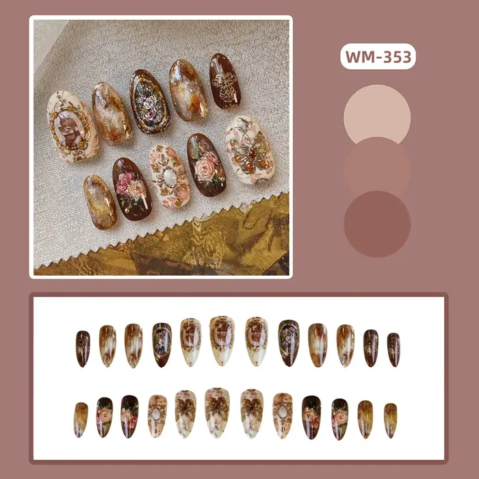 24 pièces ambre Rose faux ongles presse sur ongles avec peinture à l'huile motifs de fleurs longue a