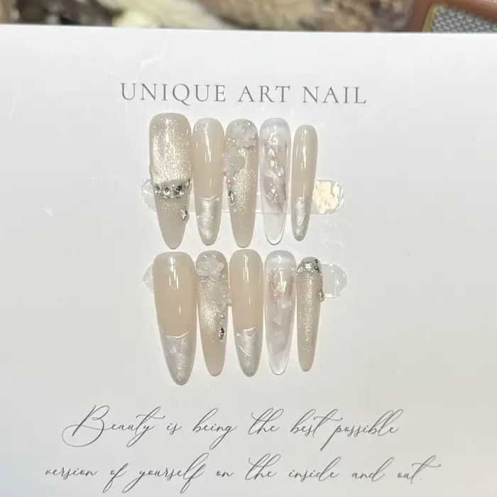 Presse sur les ongles 10 pièces violet fantaisie manucure française avec feuille irisée paillettes o