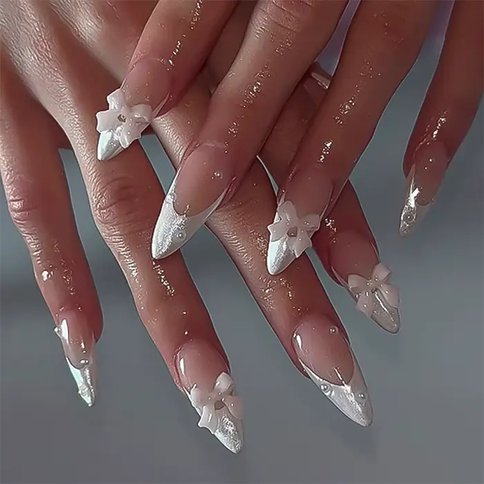 Lot de 24 faux ongles 3D blancs à motifs nœuds, forme amande, longueur moyenne et tailles mixtes, po