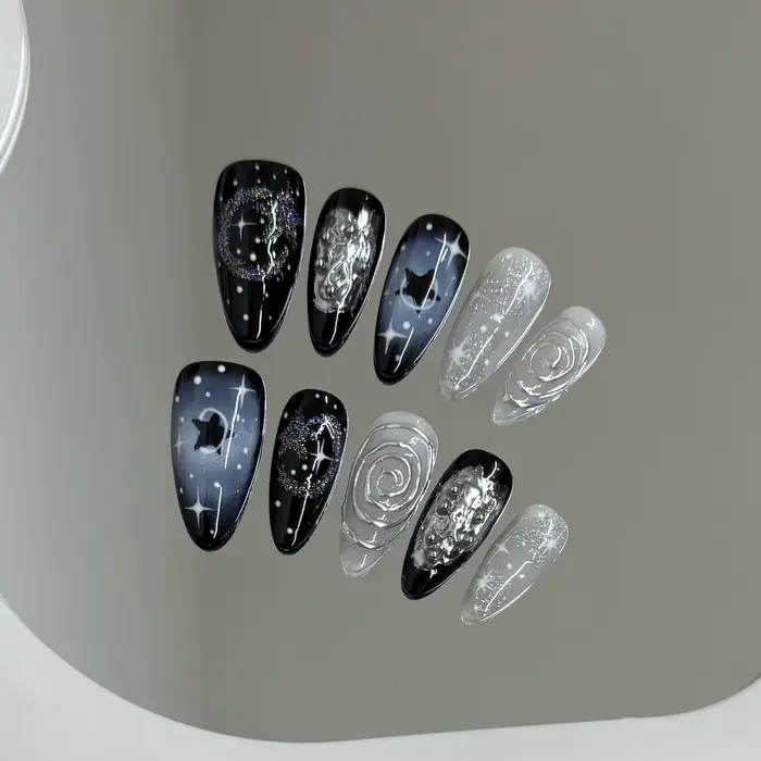Faux ongles à pression faits à la main Y2k, ciel étoilé, amande, détachables, portables, doux et fra