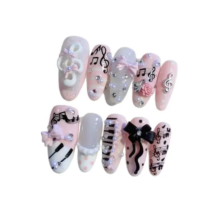 10 faux ongles ovales longs roses et noirs