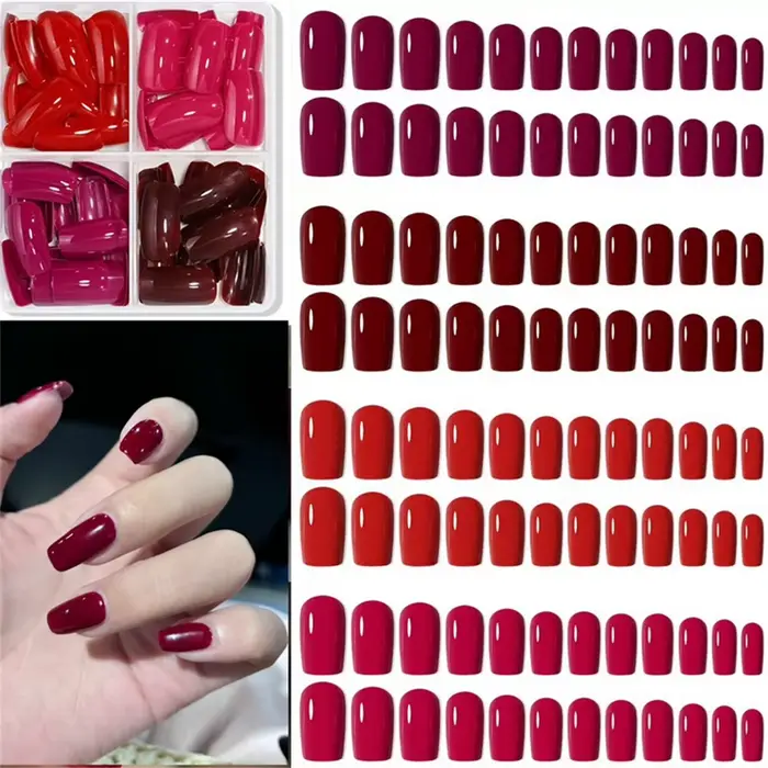 96 faux ongles carrés courts rouges mats, couvrance totale, rouge-violet, à presser, accessoires d'e