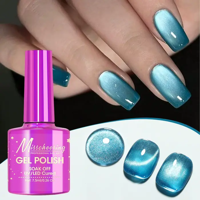Vernis à ongles gel magnétique œil de chat bleu pailleté 7