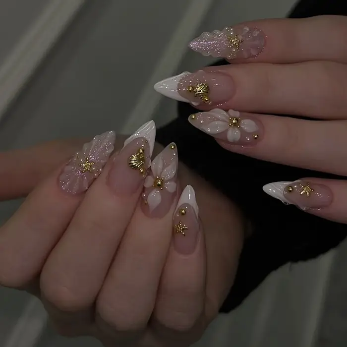 24 pièces/ensemble français amande presse sur ongles fleur rose faux