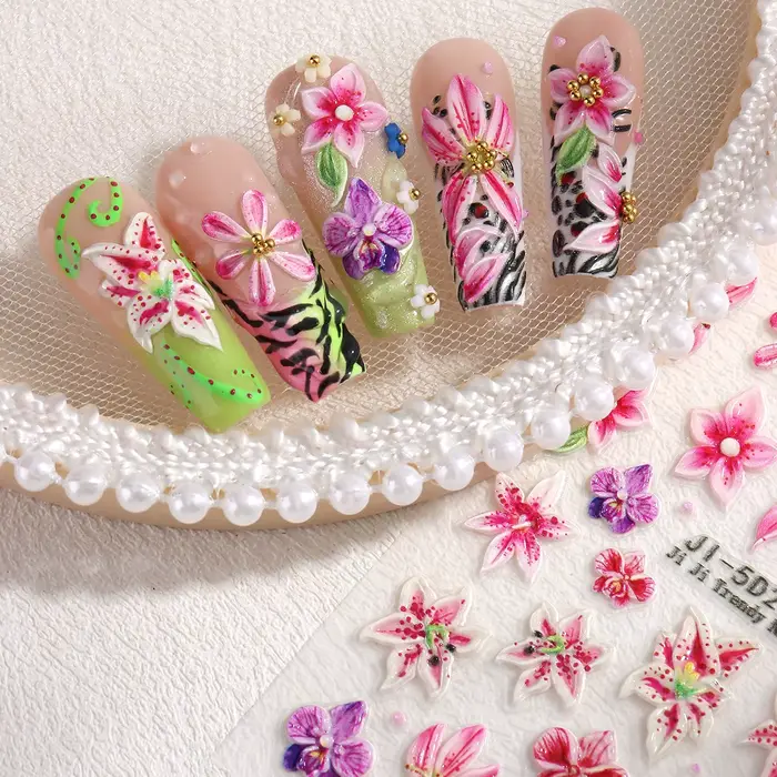 Autocollants pour ongles 5D printemps-été à motifs floraux roses et léopard