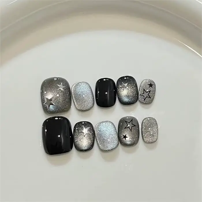 10 pièces noir mignon chat à la main presse sur ongles cristal oeil de chat faux ongles paillettes b