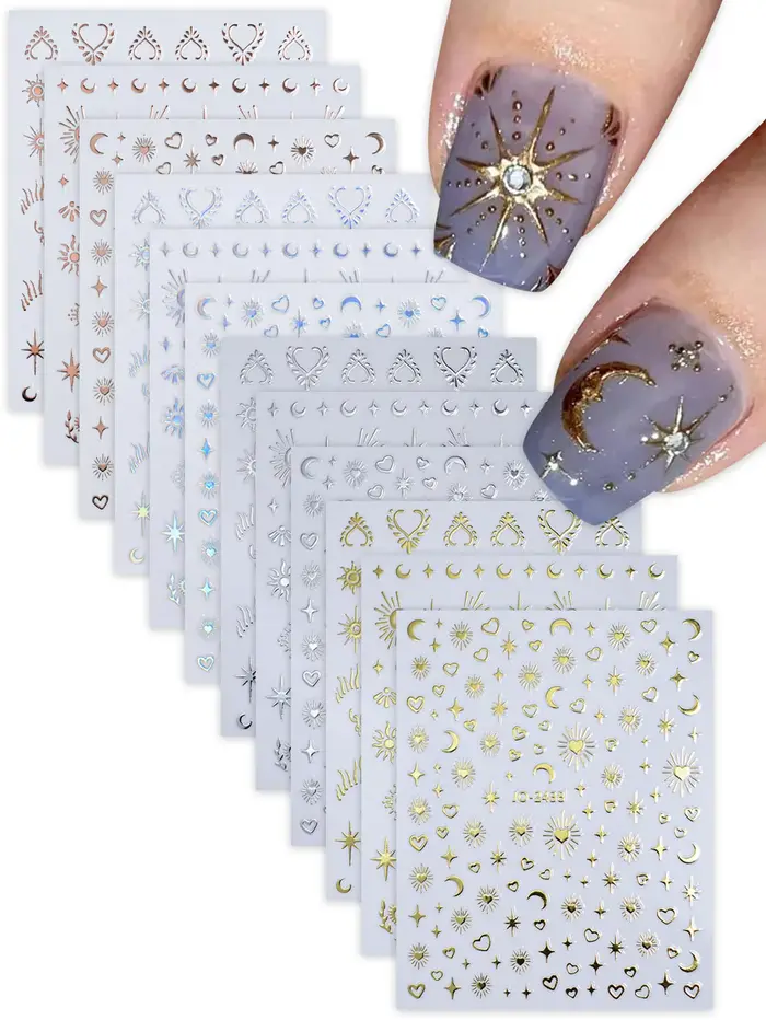 Autocollants pour ongles en or et argent, étoiles, lunes et cœurs, 6/12/24 feuilles, autocollants 3D