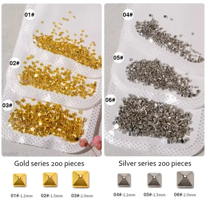 200 pièces/sac rivetage ongles ornement or argent cristal diamant