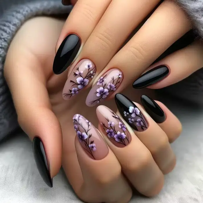 Fleur violette presse sur ongles 24 pièces amande/café portable faux ongles fleur imprimé femme bric