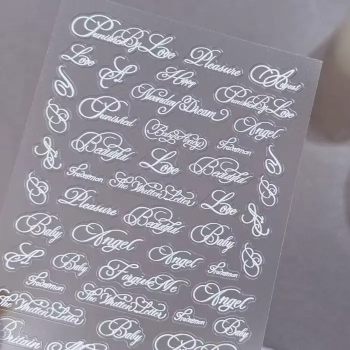 Nouveaux autocollants pour ongles en lettres anglaises, police artistique noir et blanc, décoration 