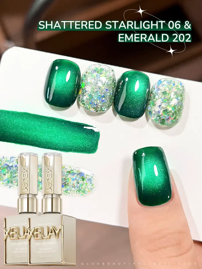 XEJAYI 2 pièces 15ml vert oeil de chat Gel vernis à ongles ensemble, UV LED trempage Gel à ongles, s