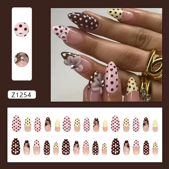 Faux ongles à presser en amande, rose crème, motif pois français, fleurs 3D et bulles, style doux et