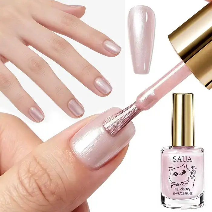 Vernis à ongles nacré rose ; séchage rapide, pas de lampe nécessaire, formule longue durée ; ajoute une brillance nacrée et illumine les ongles.