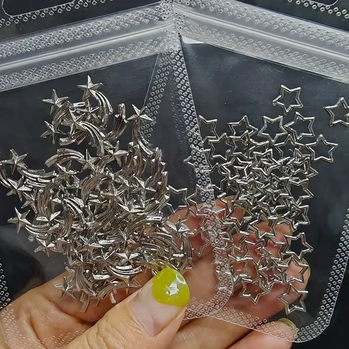 Breloques étoiles argentées pour ongles, bijoux métalliques 3D, gemmes météores évidées, décorations
