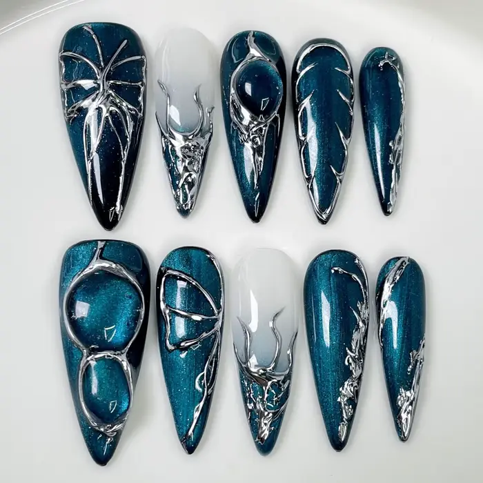 10 faux ongles bleus à presser avec strass, longs en acrylique, forme amande, pour filles stylées