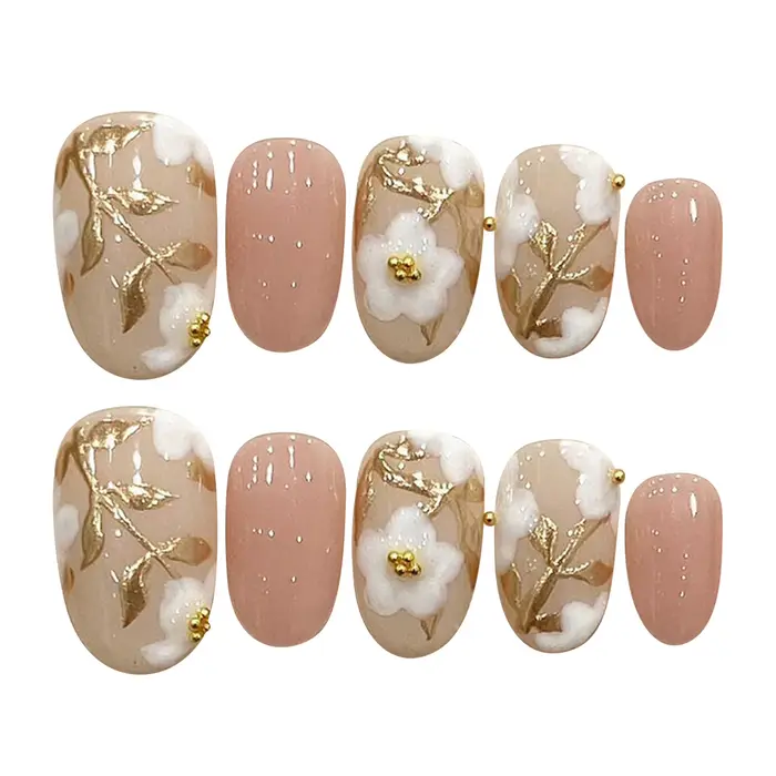 Faux ongles courts et ronds faits à la main pour femmes, patchs à fleurs blanches, rose brillant, rose nude doux, portable, N64.
