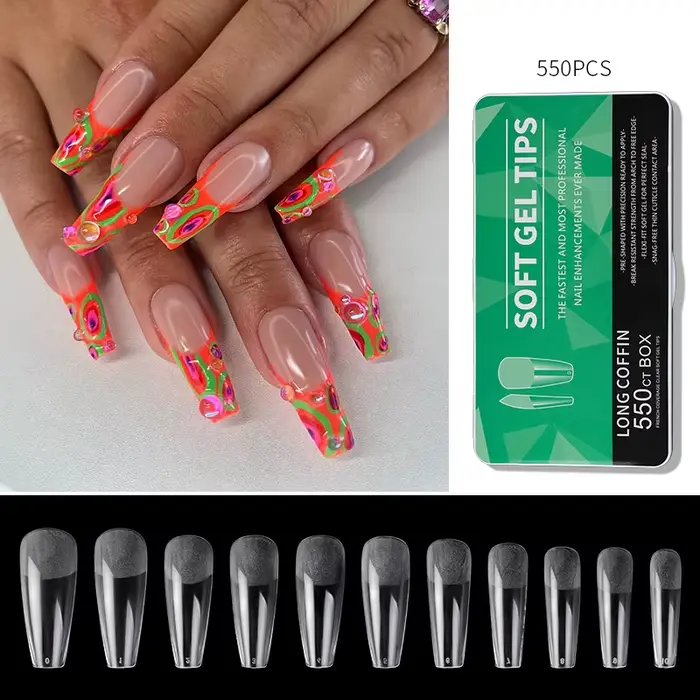 440/550 pièces clair acrylique longs faux ongles Capsules amande cercueil français pleine demi couverture