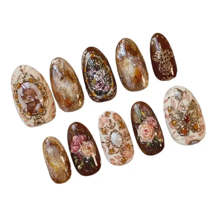 24 pièces ambre Rose faux ongles presse sur ongles avec peinture à l'huile motifs de fleurs longue a