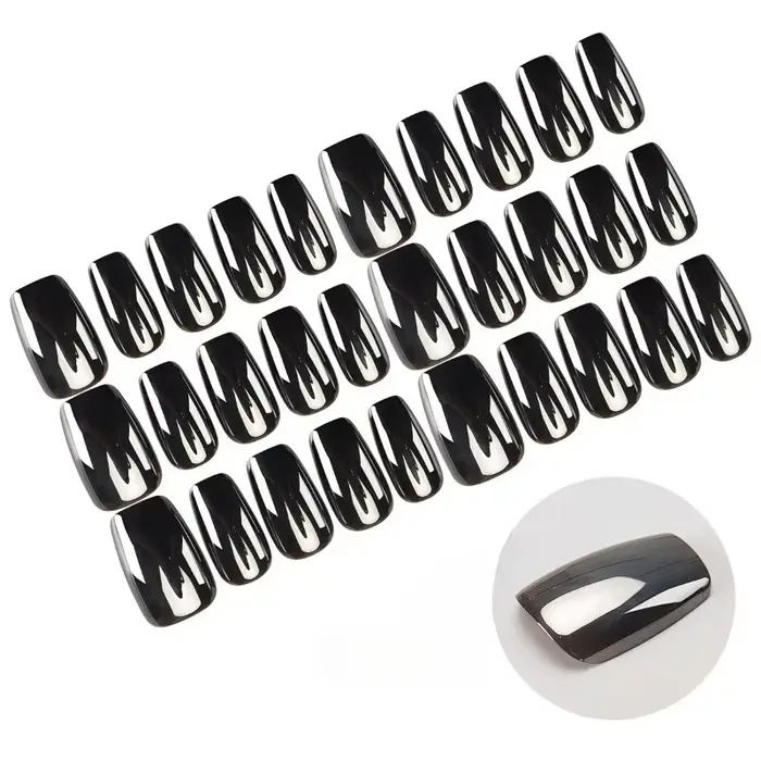 24 faux ongles métalliques argentés et noirs
