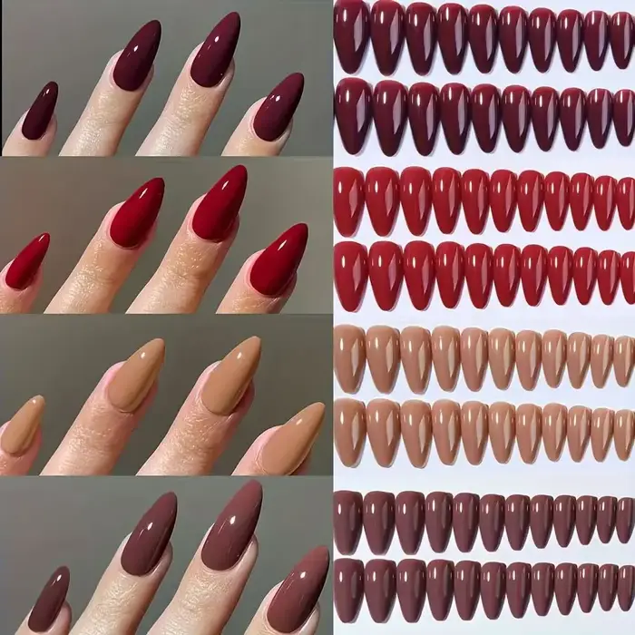 96 ongles en amande faits à la main. Couleur unie en 4 tons : rouge bordeaux, rouge vif, beige nude et marron chocolat. Réutilisable, style classique