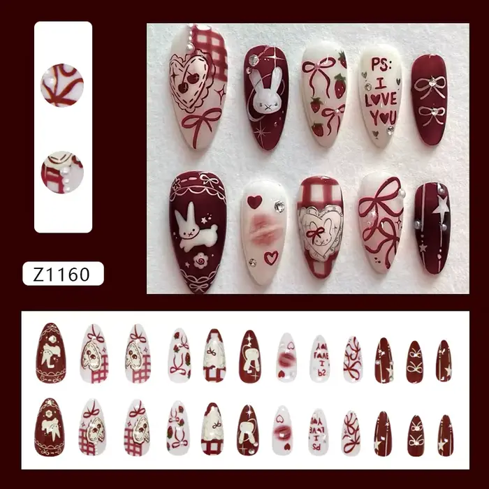 Nail art Lapin et Vin, Faux ongles Nœud Papillon Jeunesse et Douceur