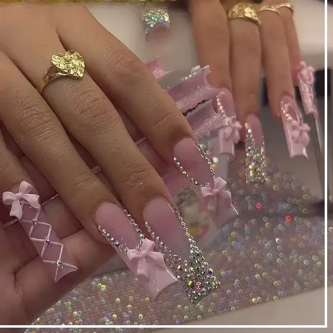 Faux ongles ballerine longs à pression, fleur Serpentine avec strass, faux ongles français, pointes 