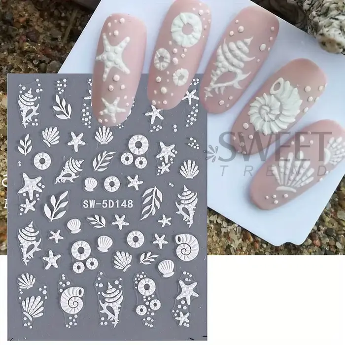 Autocollants pour ongles 5D méduse, plage d'été, coquille blanche, étoile de mer, vis adhésive, curs