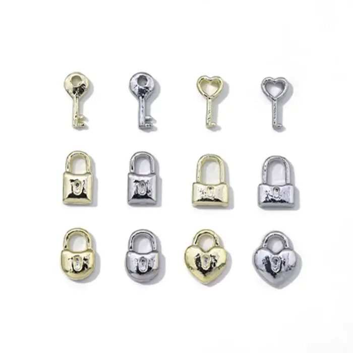 Mélange de Clé de Verrouillage pour Décoration d'Ongles, Breloque Or et Argent 3D, Cœur Doux Exquis 