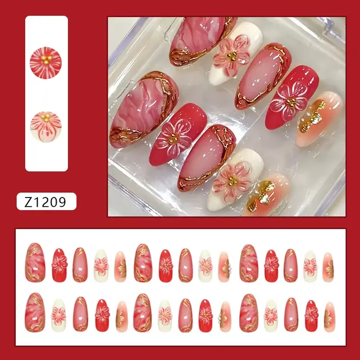 30 pièces fleurs rouges imprimé presse sur ongles français amande rose Blush faux ongles conseils po