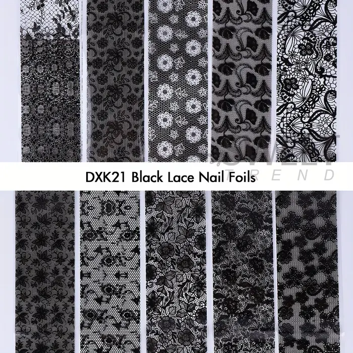 Feuilles de transfert d'ongles élégantes en dentelle noire et blanche, autocollant en papier fantais