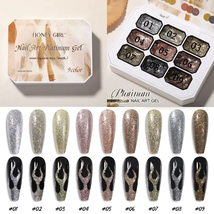 Vernis à ongles solide platine haute densité 9 couleurs métalliques - Gel scintillant pour les contours
