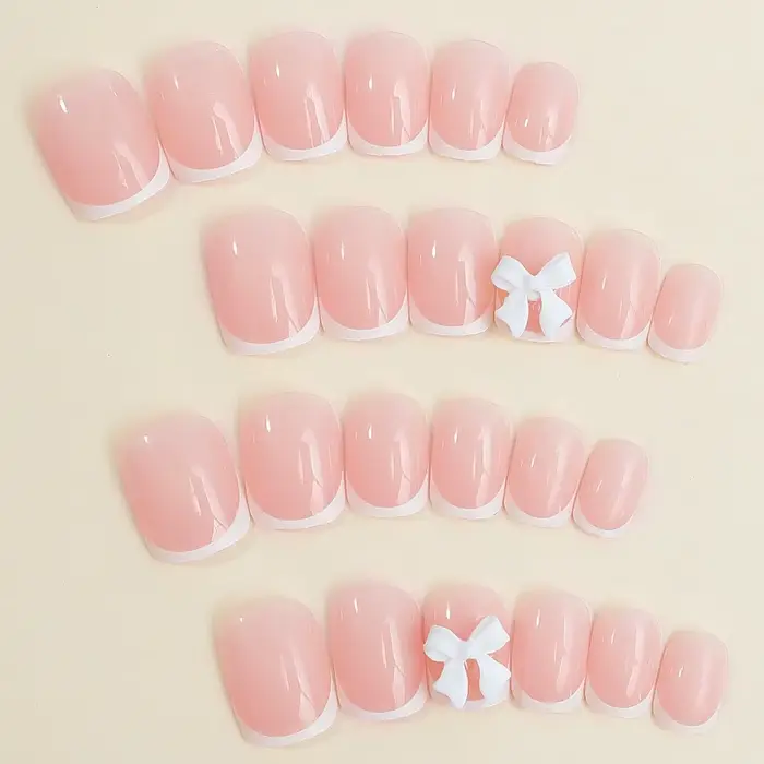 CuemployPusher-Faux ongles français, carré moyen, blanc, nœuds sur les ongles, poignées amovibles et