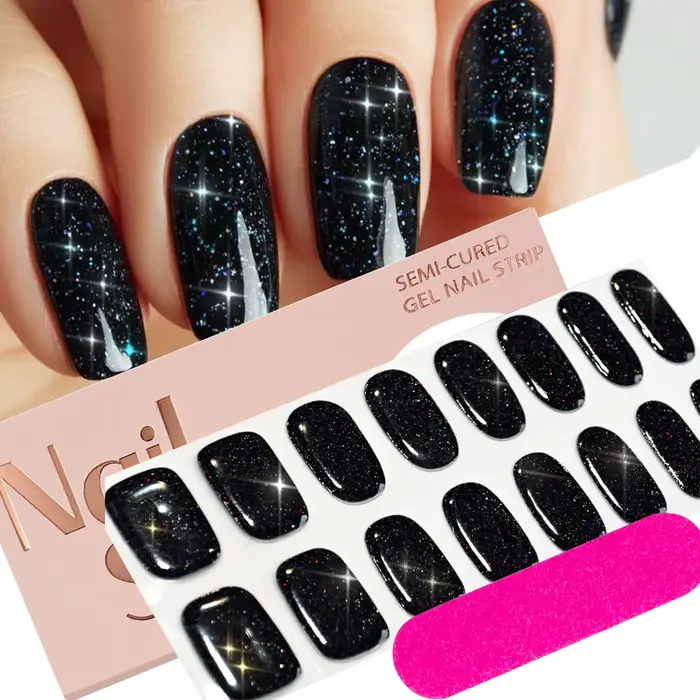 16 autocollants pour ongles en gel semi-durci à paillettes noires + 1 lime