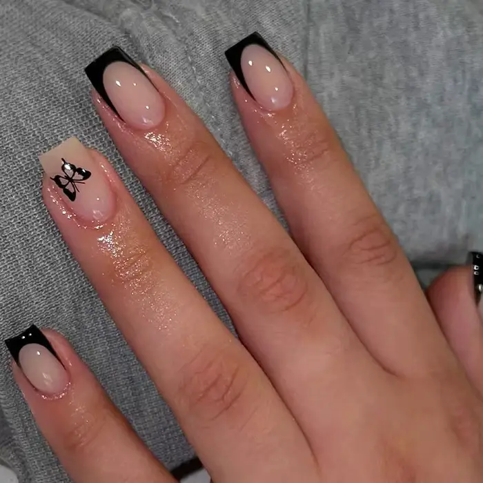 Conseils français noirs presse sur les ongles 3D blanc nœud papillon alliage étoiles modèles faux on