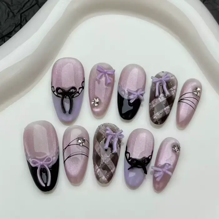 10 pièces violet oeil de chat fait à la main faux ongles conseils paillettes mi-longue ovale presse 