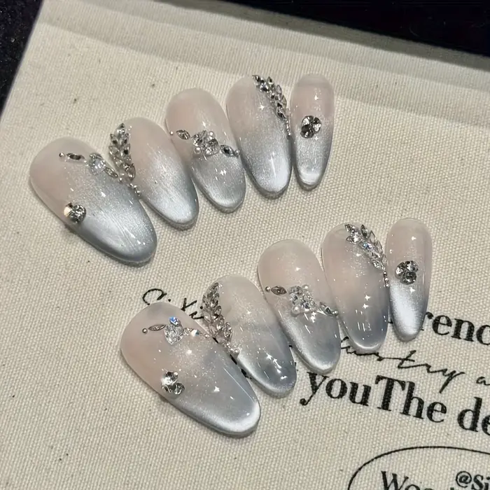 10 pièces haut de gamme lumière luxe argent oeil de chat diamants français faux ongles faits à la ma