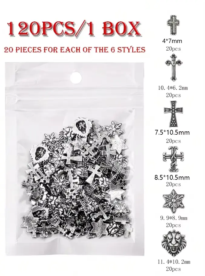 Argent ancien 120 pièces Punk métal Nail Art croix Patch Y2k métal Style rétro croix ongles ornement