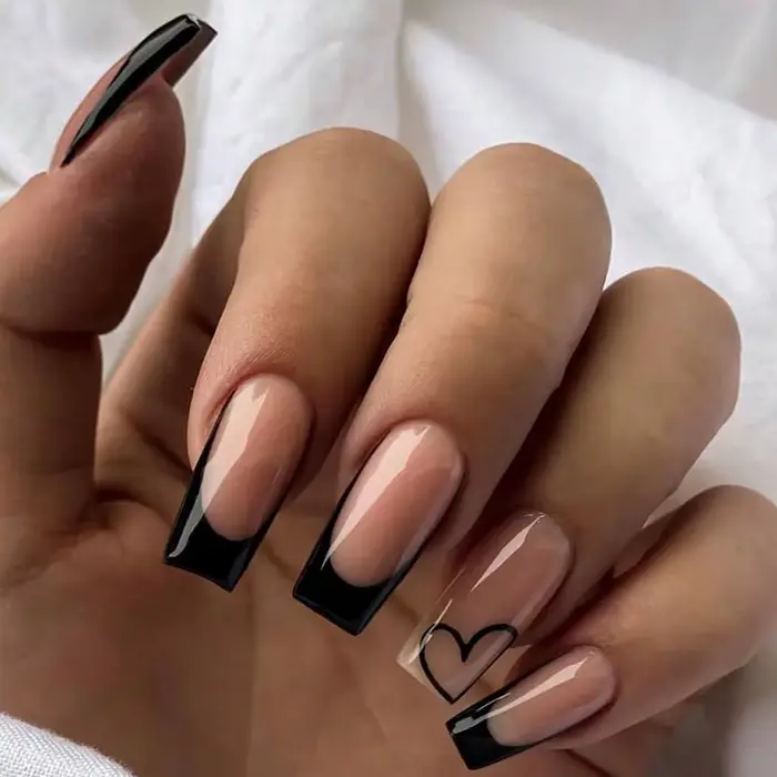 ARTAUG 24 pièces moyenne ballerine rose ongles noir pointe française presse sur ongles presse sur on