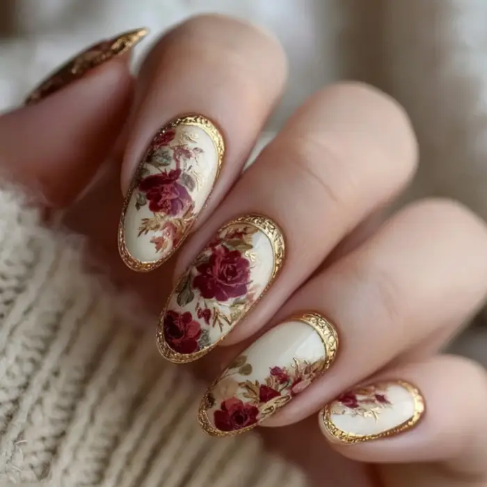 24 pièces ongles à pression avec amande Rose plaquée or Design Floral classique
