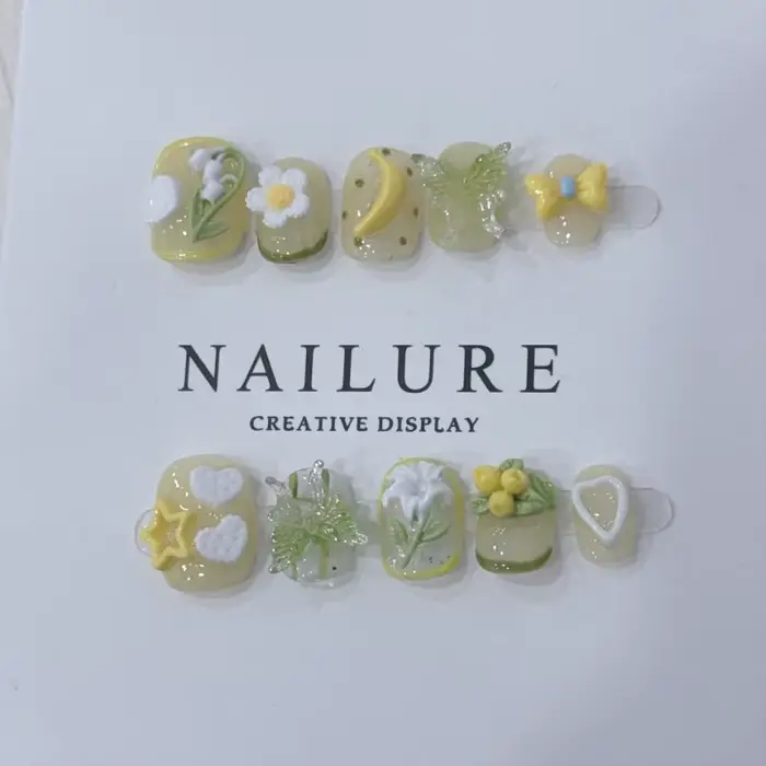 10 pièces ongles à la main printemps prêt à l'emploi pointes d'ongles artificiels fleurs 3d faux ong